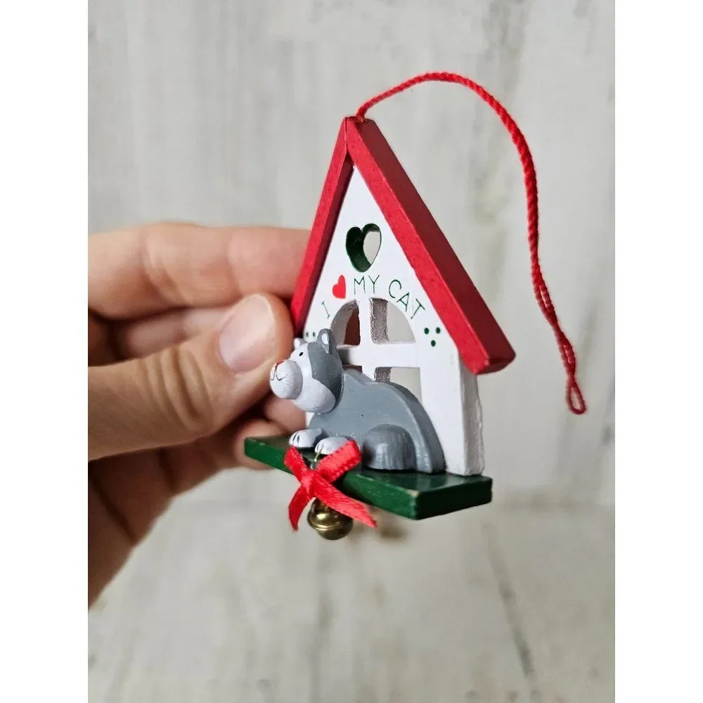 Hallmark cat‎ 1999 ornament wooden mini Xmas tree orange gray tabby kitten